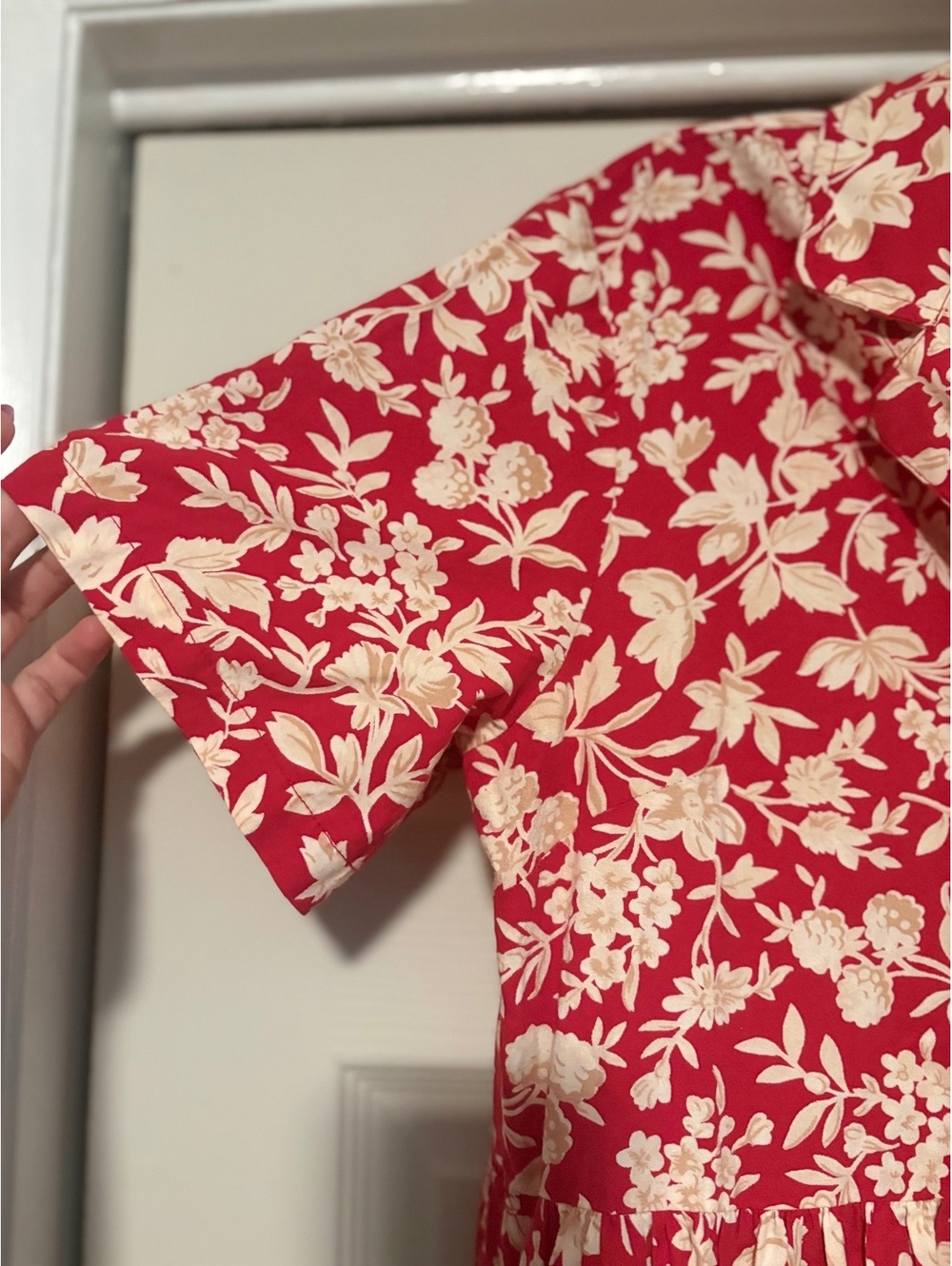 Vintage Serengeti Floral Midi Shirt Dress Large Red White Cottagecore Prairie - Picture 4 of 9